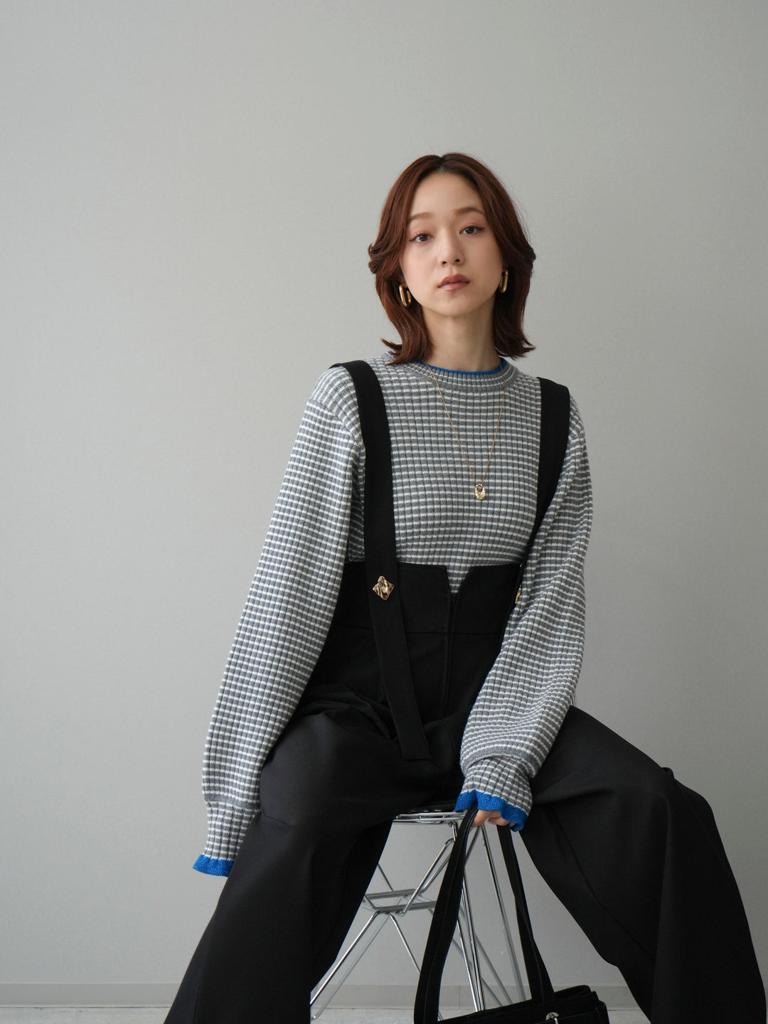 [SET]ラメ異素材ボーダーリブニットプルオーバー+ゴールドボタンサスペンダーワイドパンツ(2set)