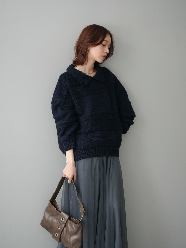 [SET]襟付きボーダー編みニットプルオーバー+チュールボリュームスカート(2set)