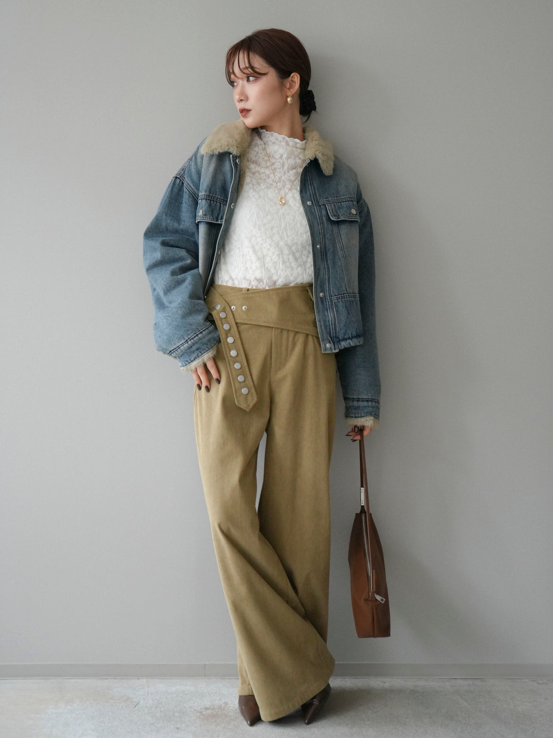 [予約]デニム×ファーステンカラーショートジャケット/lightblue