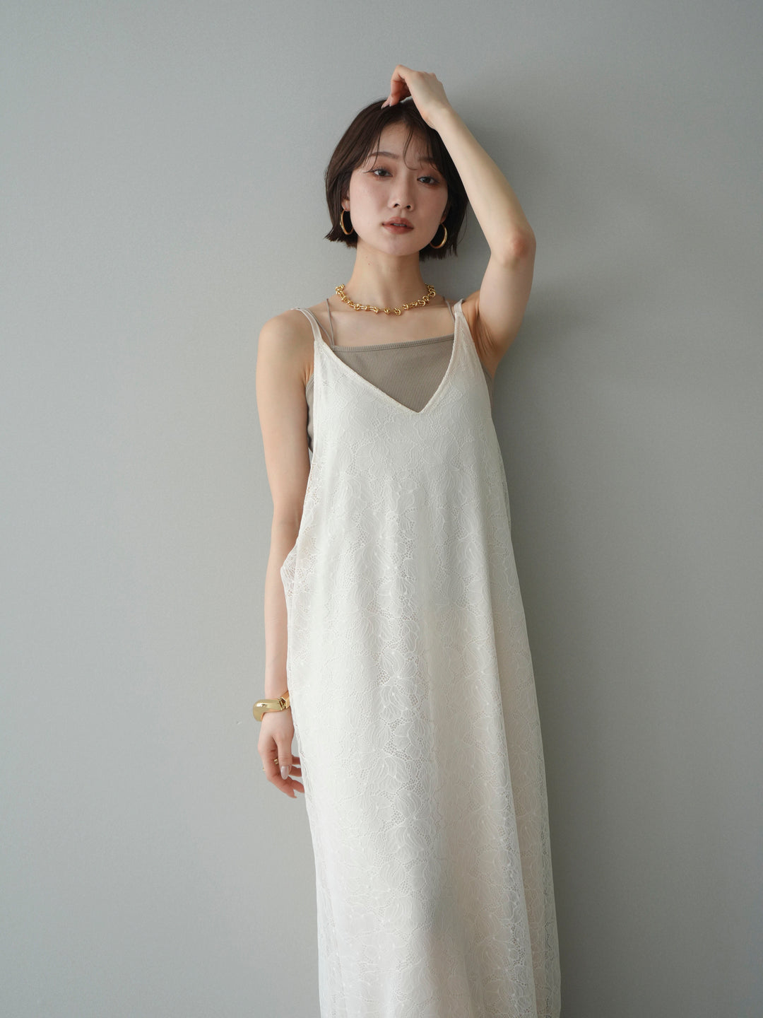 [予約]サテンレースレイヤードキャミワンピース/ivory