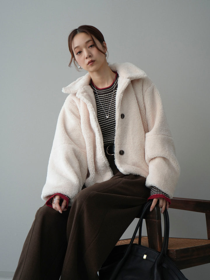 [SET]エコファーステンカラージャケット+ラメ異素材ボーダーリブニットプルオーバー+ベルト付起毛コクーンパンツ(3set)