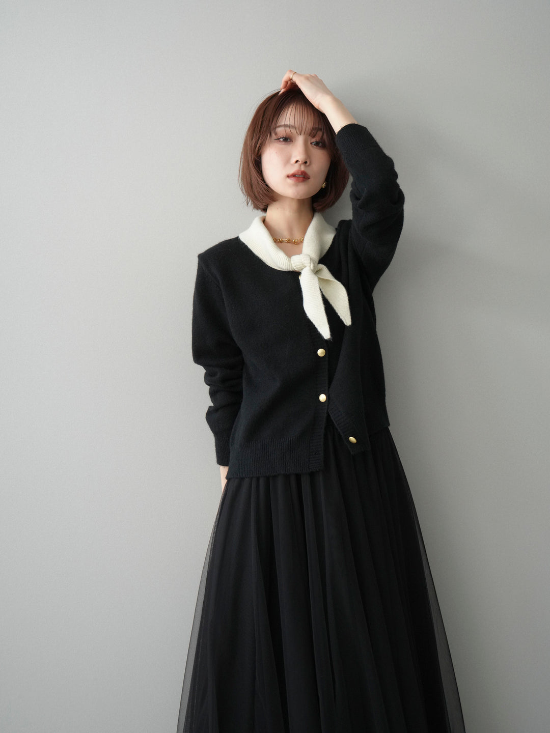 [予約]デザイン襟ニットカーディガン/black