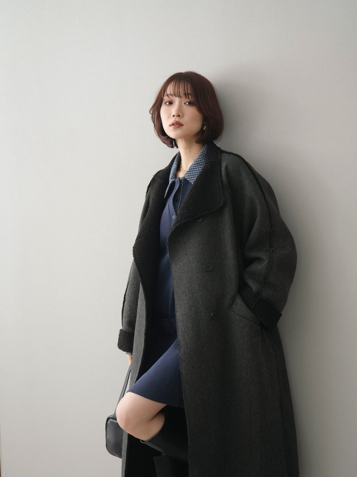 [SET]チェック襟xスエットミニワンピース+アウトシーム裏ボアコート(2set)