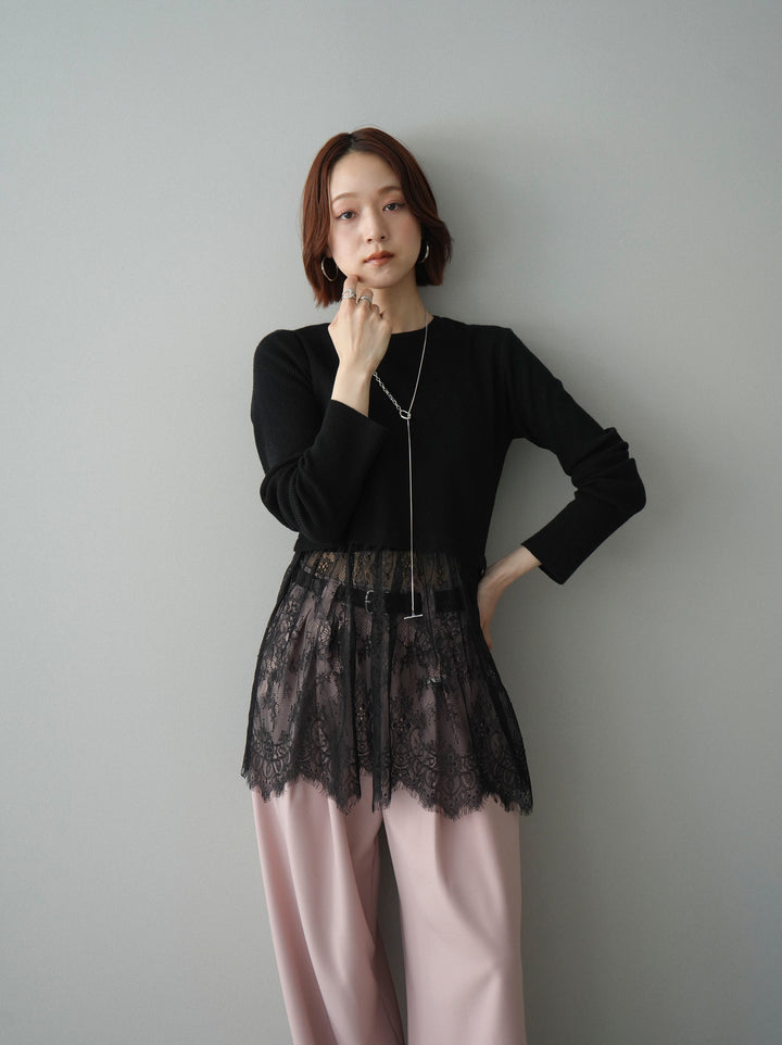 [SET]クルーネックレースドッキングリブニットトップス+ベルト付キーホルダーモチーフワイドパンツ(2set)