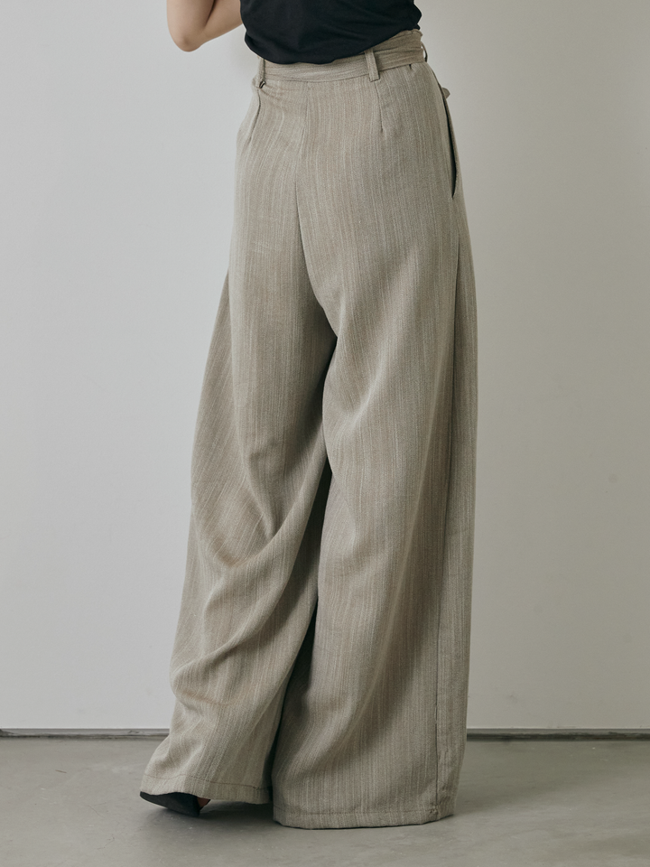[予約]リネンライクウエストリボンワイドパンツ/ベージュ