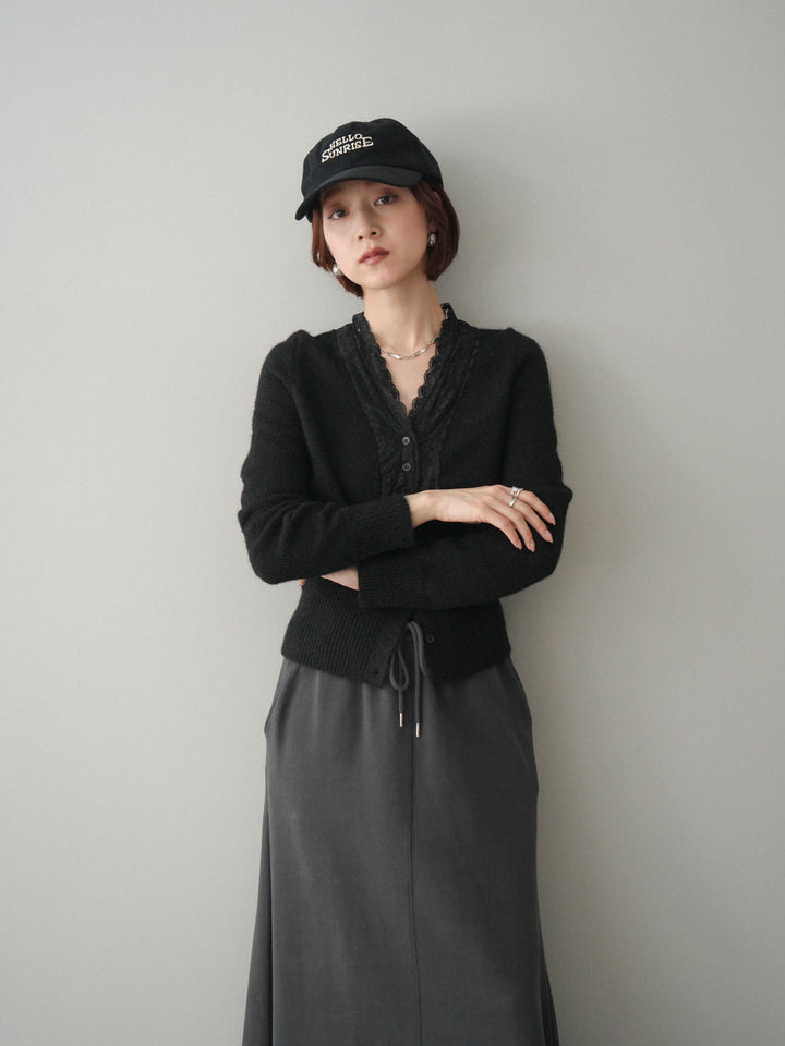 [SET]レースネックコンパクトニットカーディガン+選べるアクセセット(2set)