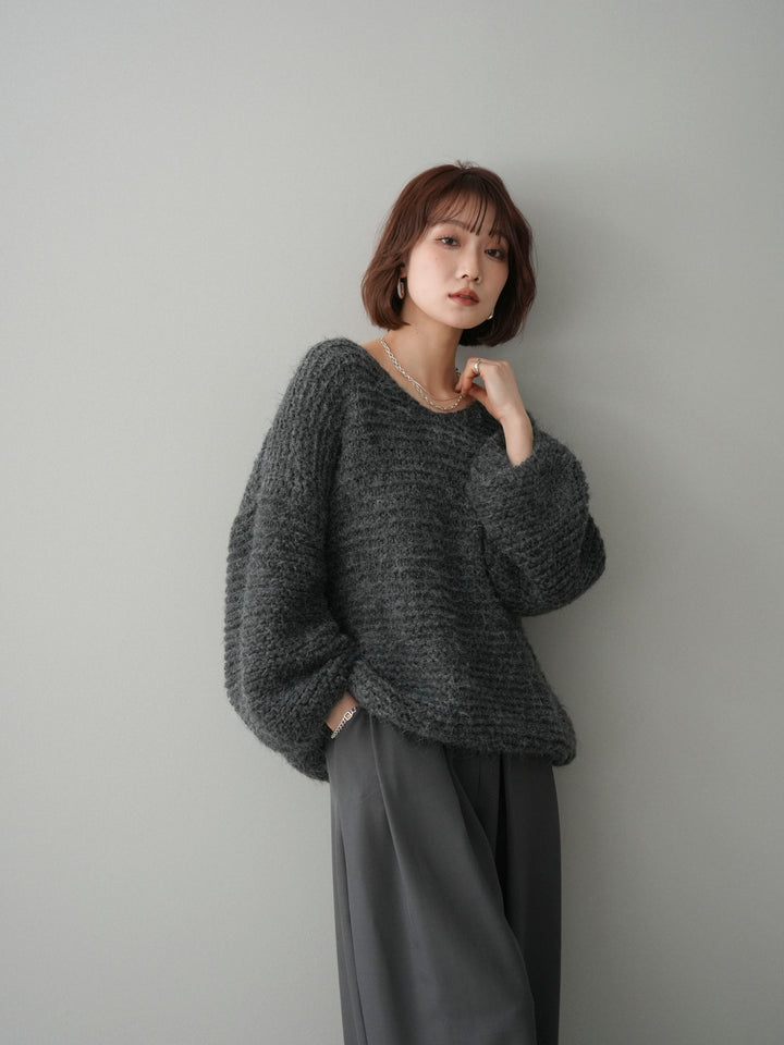 [予約]ワッフル編みシャギーニットプルオーバー/gray
