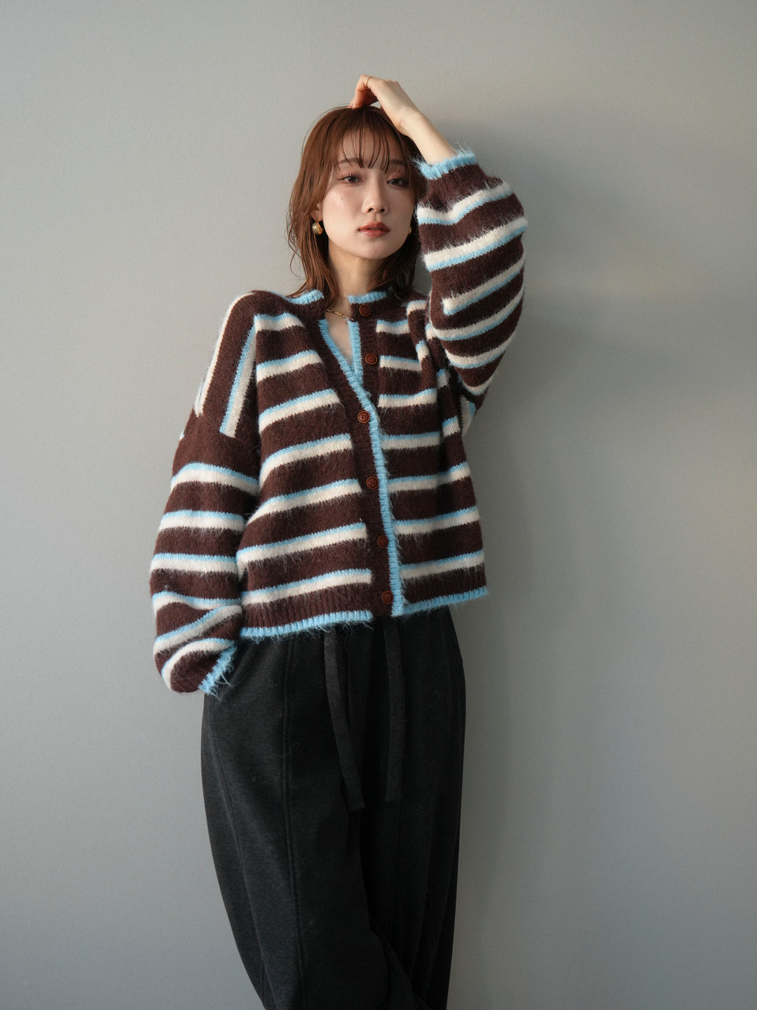 [予約]ウールタッチ配色ボーダーニットカーディガン/brown