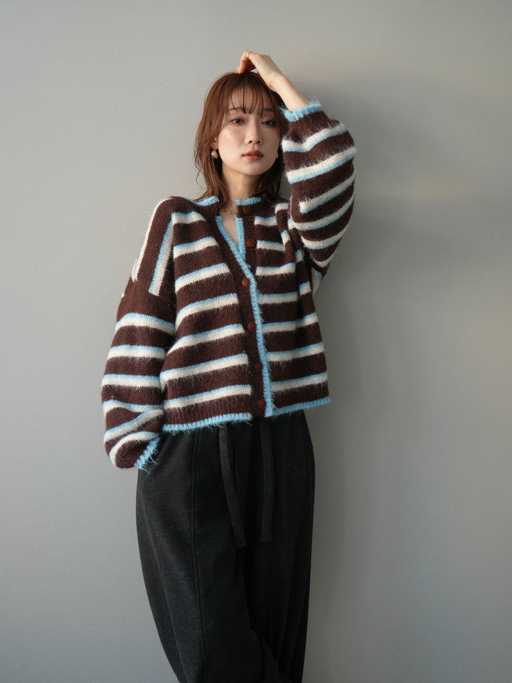 [予約]ウールタッチ配色ボーダーニットカーディガン/brown
