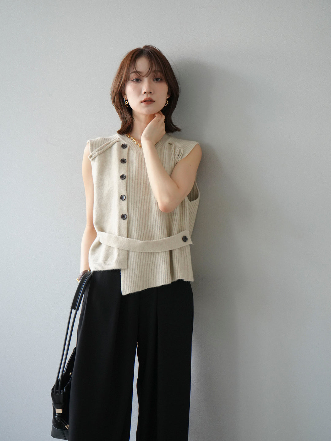 [4]レイヤードボタンニットベスト/オフホワイト