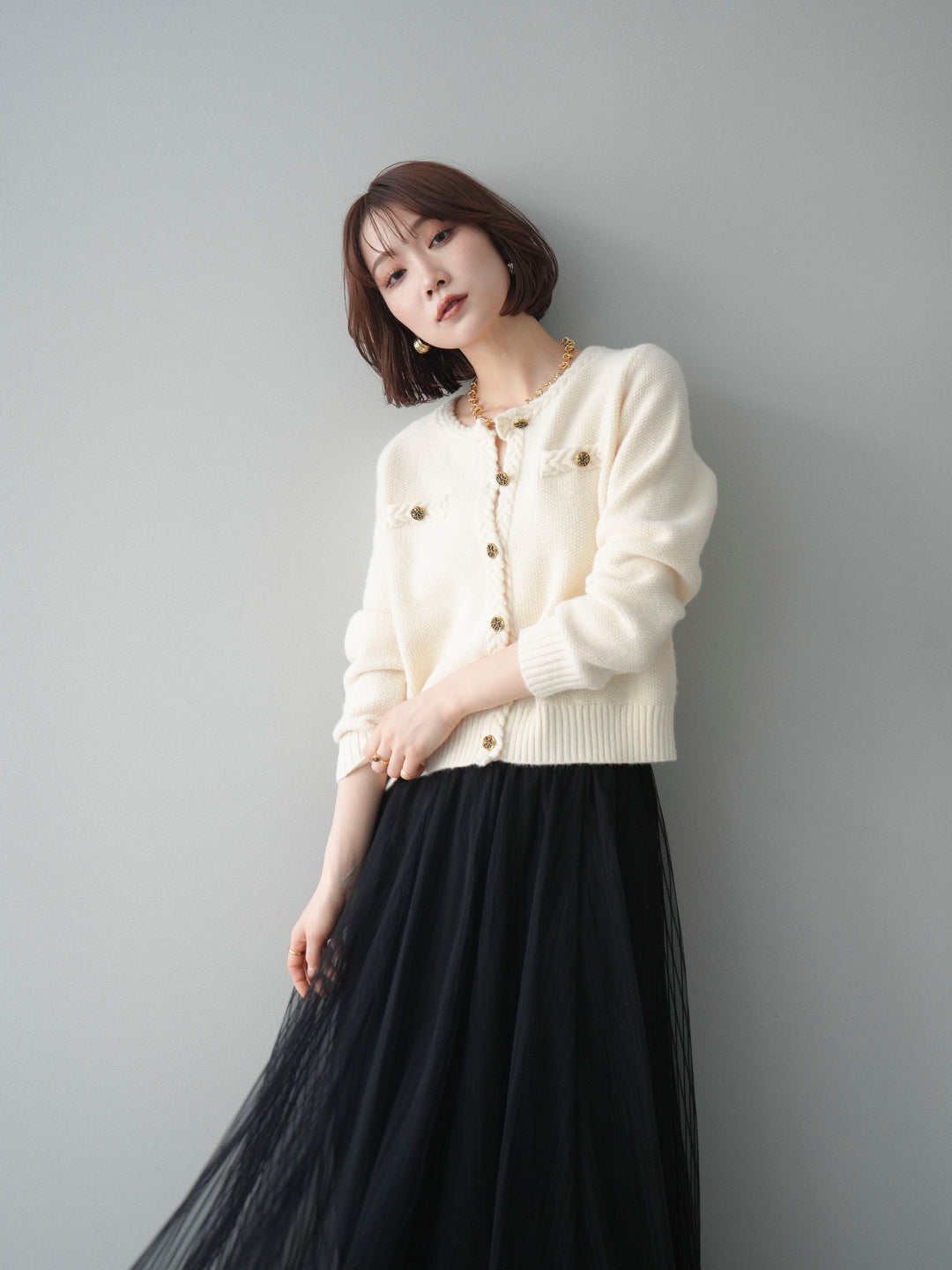 [SET]編みこみアンティークボタンニットカーディガン+チュールストライプボリュームスカート(2set)