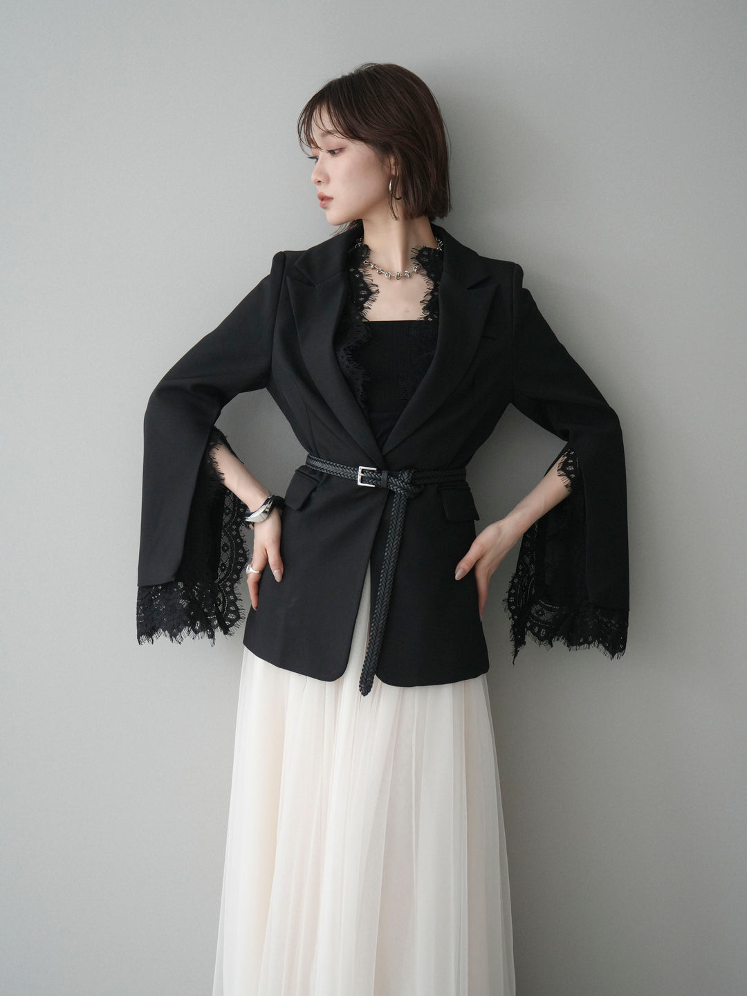 [SET]レースレイヤードスリットジャケット+選べるアクセセット(2set)