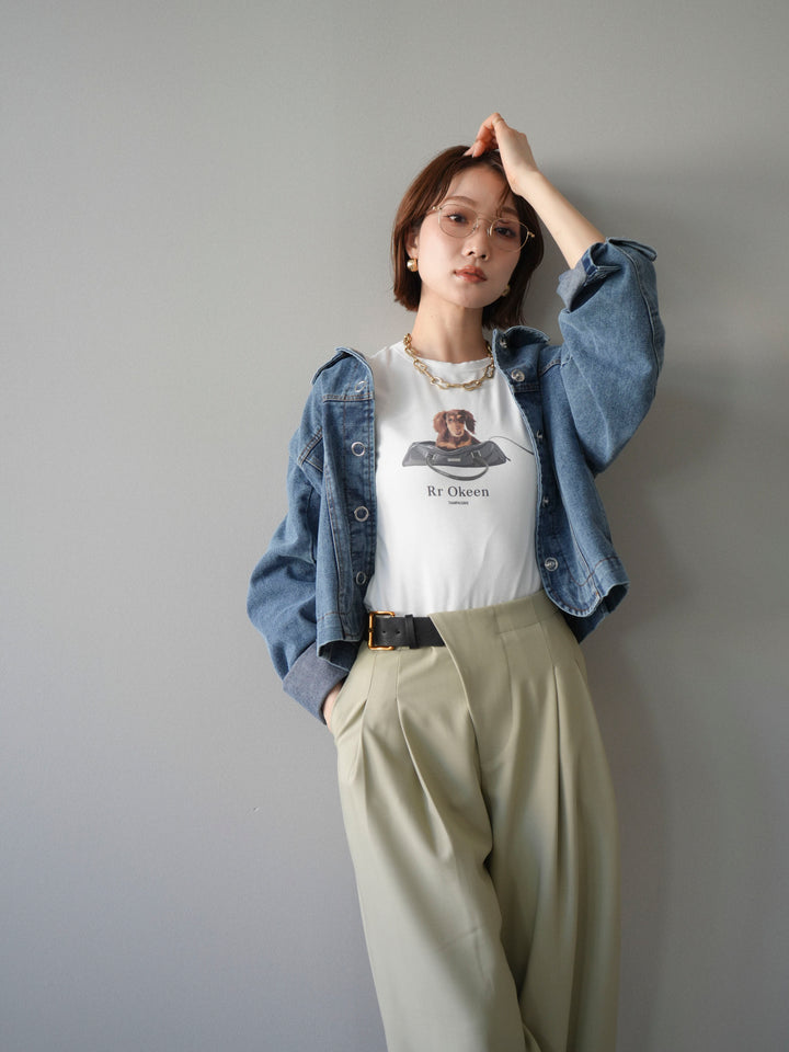 [SET]ラウンドカットコンパクトデニムジャケット+ドッグコンパクトTEE(2set)