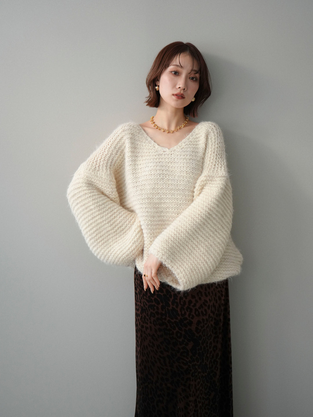 [SET]ワッフル編みシャギーニットプルオーバー+レオパードベロアナロースカート(2set)