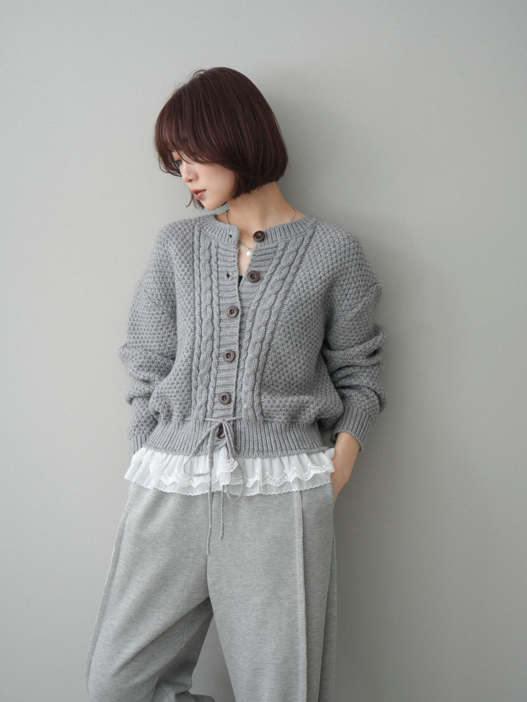 [SET]裾レースケーブルニットカーディガン+2WAYデザインスウェットパンツ(2set)