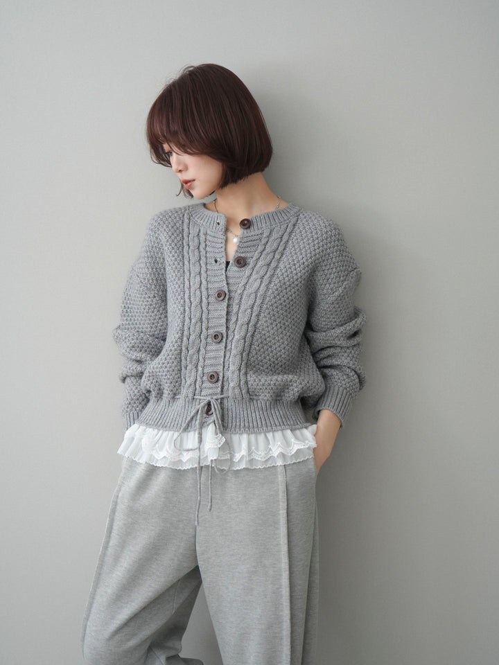 [SET]裾レースケーブルニットカーディガン+2WAYデザインスウェットパンツ(2set)