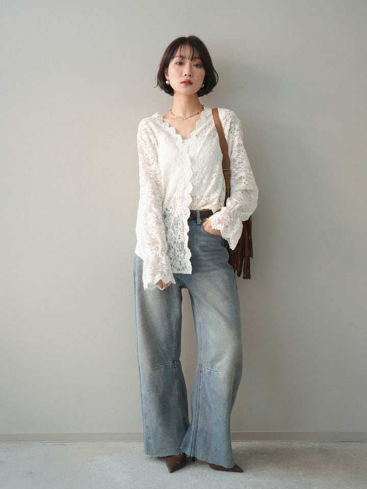 [SET]Vネックレースブラウス+裏起毛カットオフカーブデニムパンツ(2set)