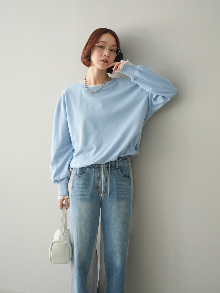 [予約]袖レースカットバルーンプルオーバー/sax