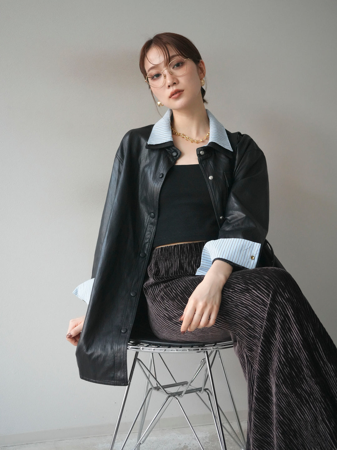 [予約]シャツレイヤードデザインレザージャケット/black