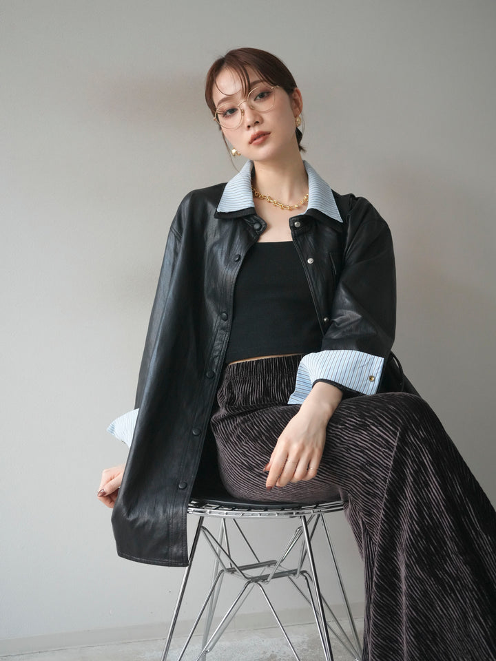 [予約]シャツレイヤードデザインレザージャケット/black