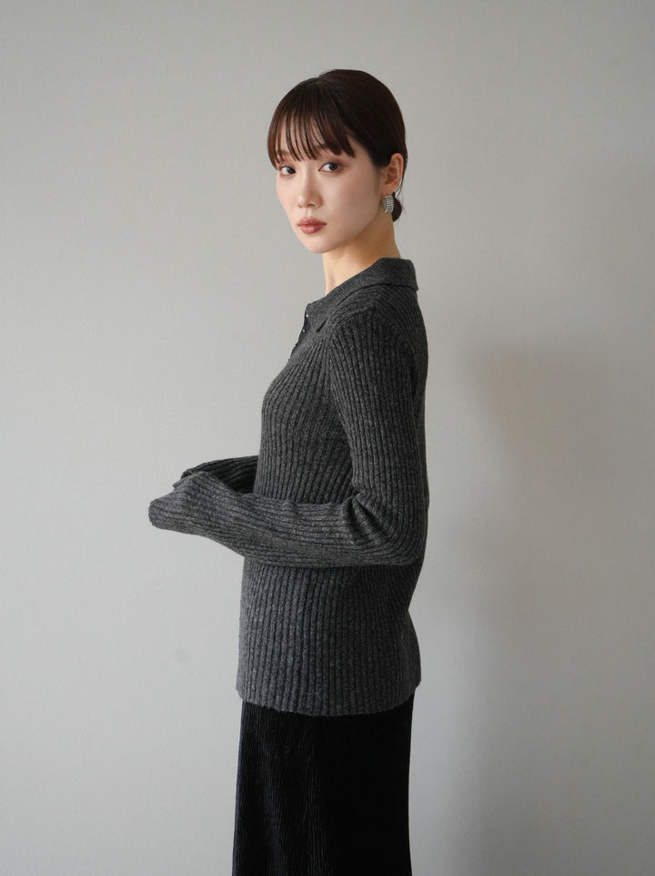 [預訂] 鉤眼細部領口針織開襟衫/炭灰