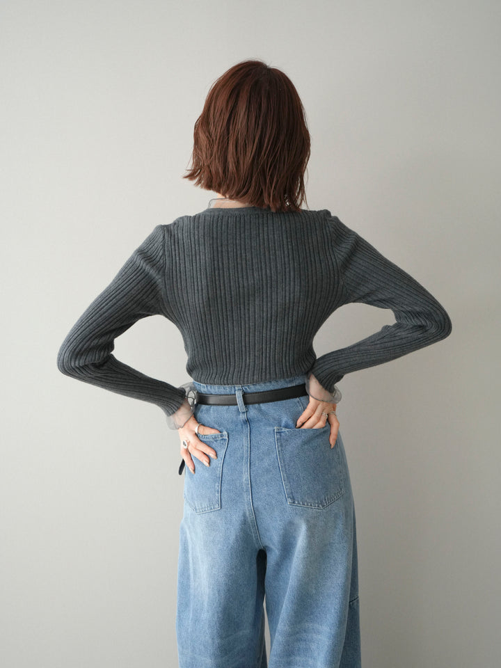 [SET]チュールドッキングリブニットトップス+ハイウエストベルトループデザインデニムパンツ(2set)