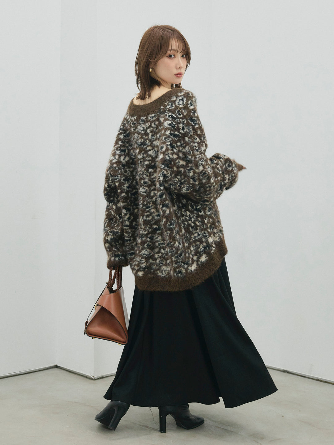 【Allure】[SET]レオパードシャギーニットカーディガン+ウールタッチフレアスカート(2set)