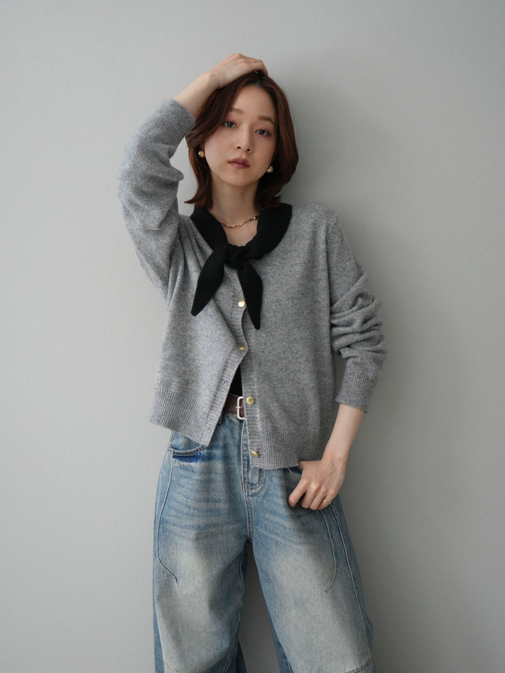 [SET]デザイン襟ニットカーディガン+ベルト付カーブデニムパンツ(2set)