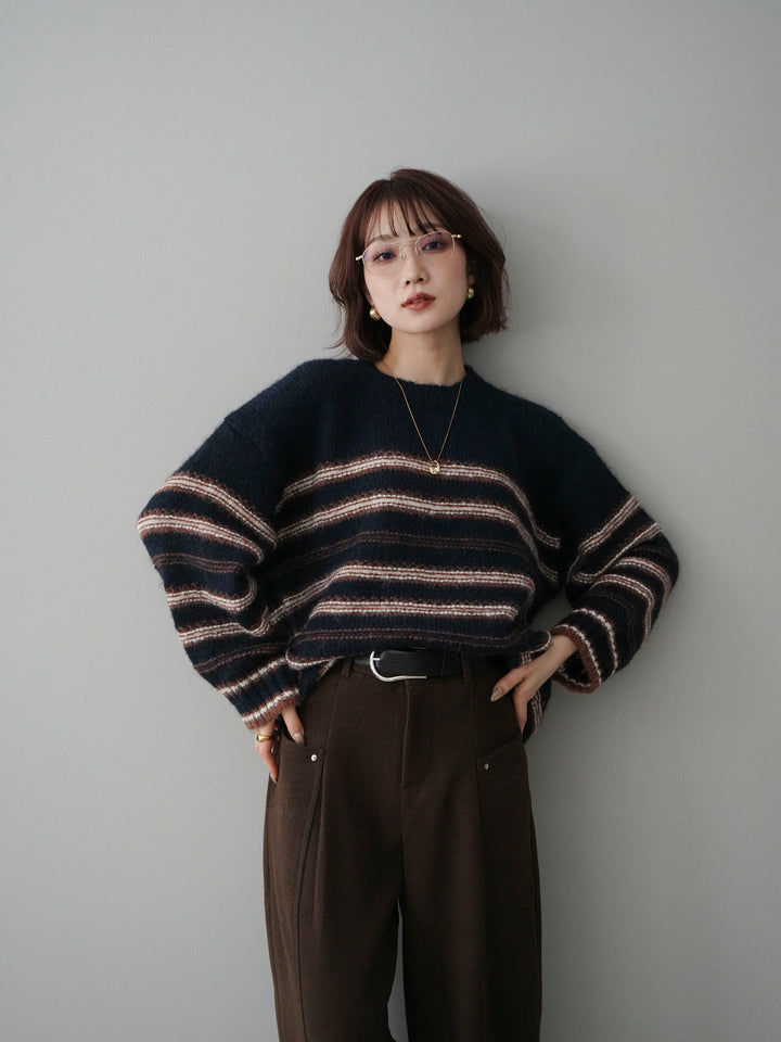 [予約]ステッチボーダーニットプルオーバー/navy