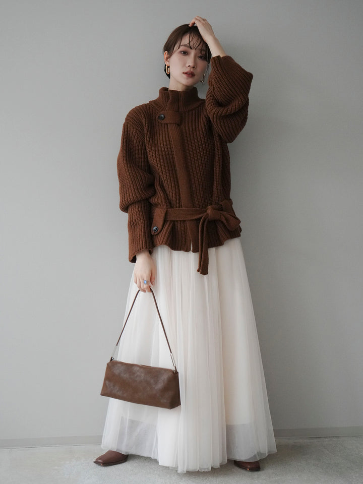 [予約]畦編みボトルネックZIPニットカーディガン/brown