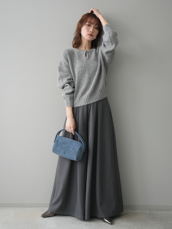 [SET]ツイストネックラメネップヤーンニットプルオーバー+テープベルトタックバギーパンツ(2set)