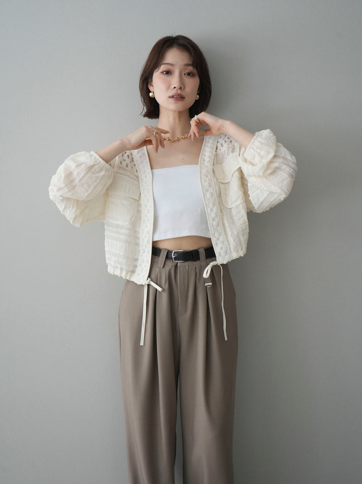 [SET]パッチワークシアーフリルブルゾン+カップ付テレコリブベアキャミソール(2set)