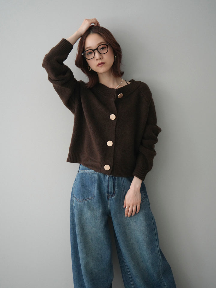 [SET]BIGボタンニットカーディガン+ベルト付裏起毛カーブデニムパンツ(2set)