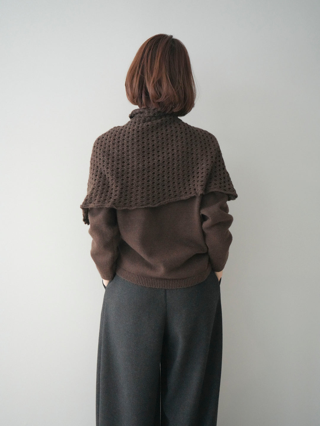 [予約]メッシュケープアンサンブルニットプルオーバー/brown
