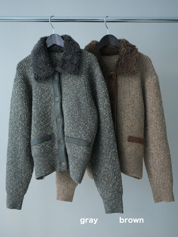 [SET]襟ボアミックスヤーンニットカーディガン+襟ボアミックスヤーンニットカーディガン(2set)