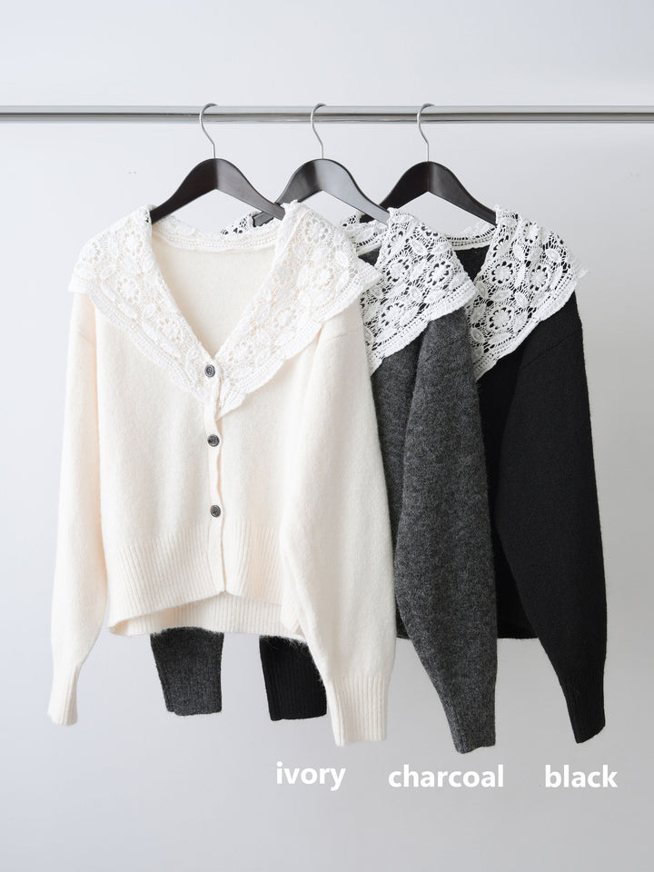 [SET]モヘアレースショールカラーカーディガン+カットオフスウェットワイドパンツ(2set)
