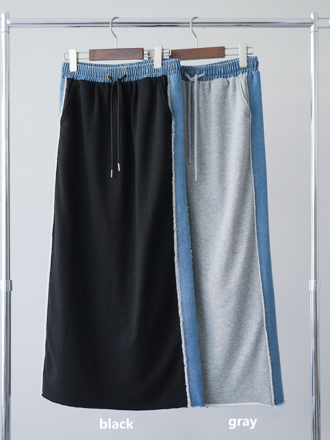 [SET]コードレースオーバーシャツ+デニムドッキングスウェットスカート(2set)