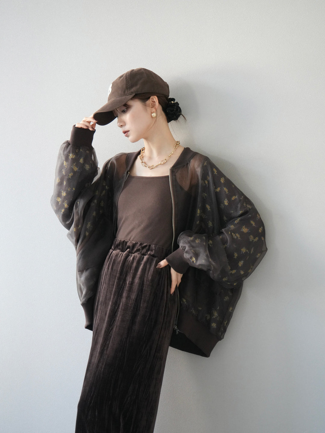 [予約]フラワーチュールドッキングブルゾン/ブラウン