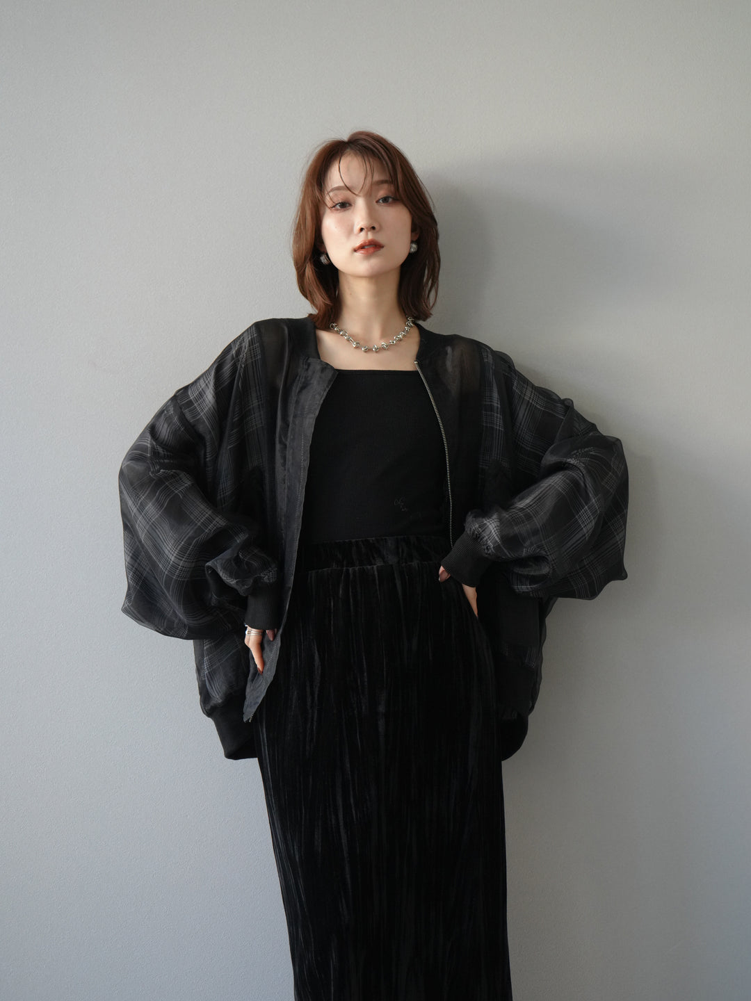 [預購] 格紋薄紗對接外套/黑色