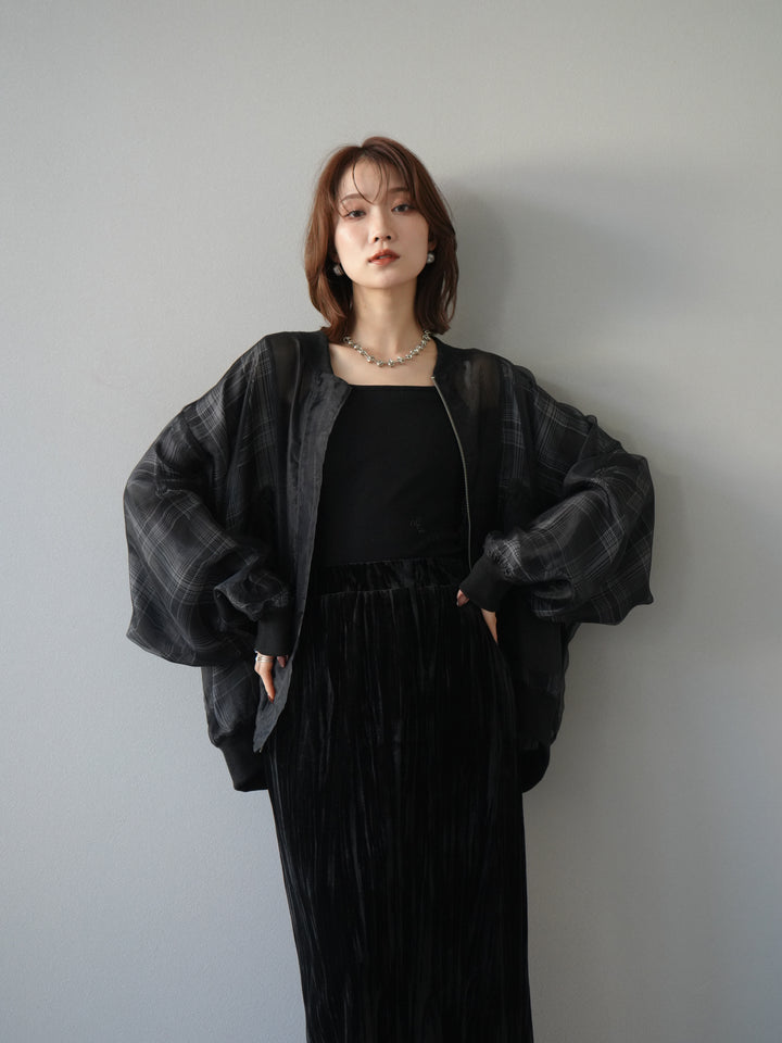 [預購] 格紋薄紗對接外套/黑色