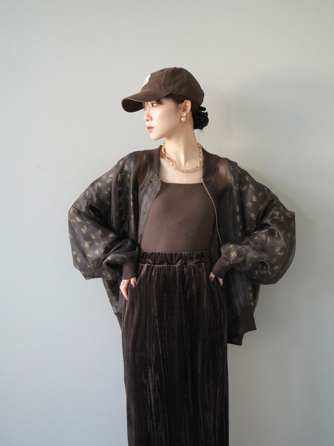 [予約]フラワーチュールドッキングブルゾン/ブラウン