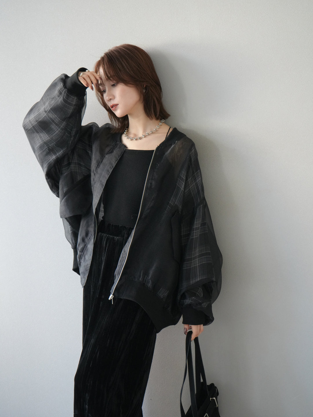 [預購] 格紋薄紗對接外套/黑色