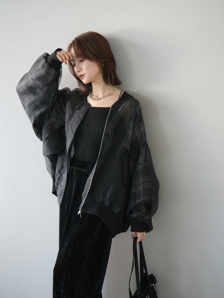 [預購] 格紋薄紗對接外套/黑色
