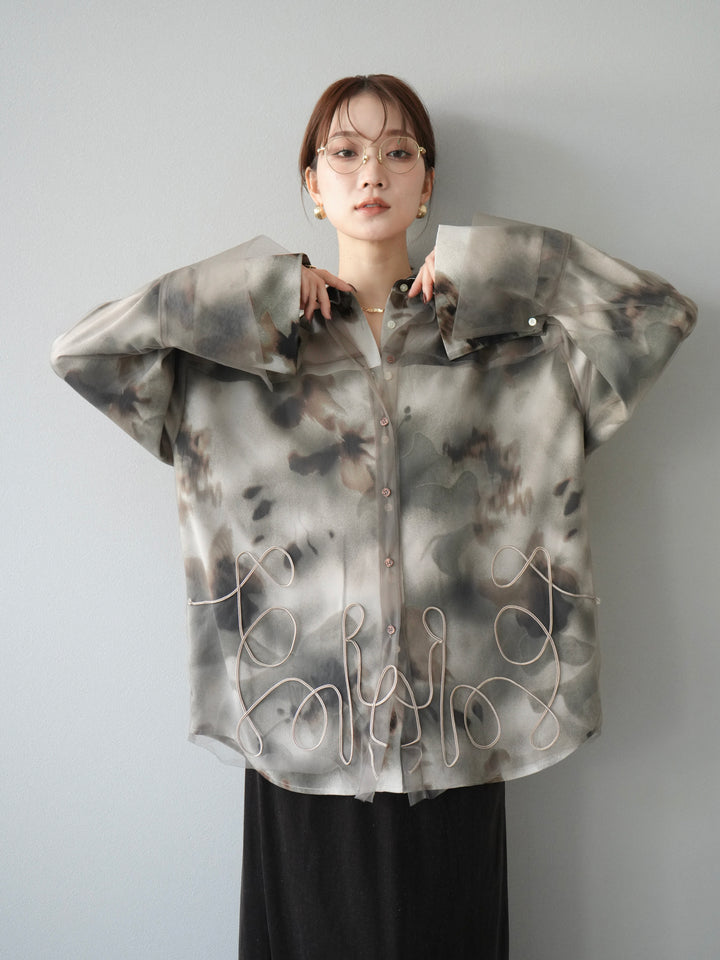 [SET]コード刺繍チュールシャツ＆ニュアンス柄シャツアンサンブル+ベロアナロースカート(2set)