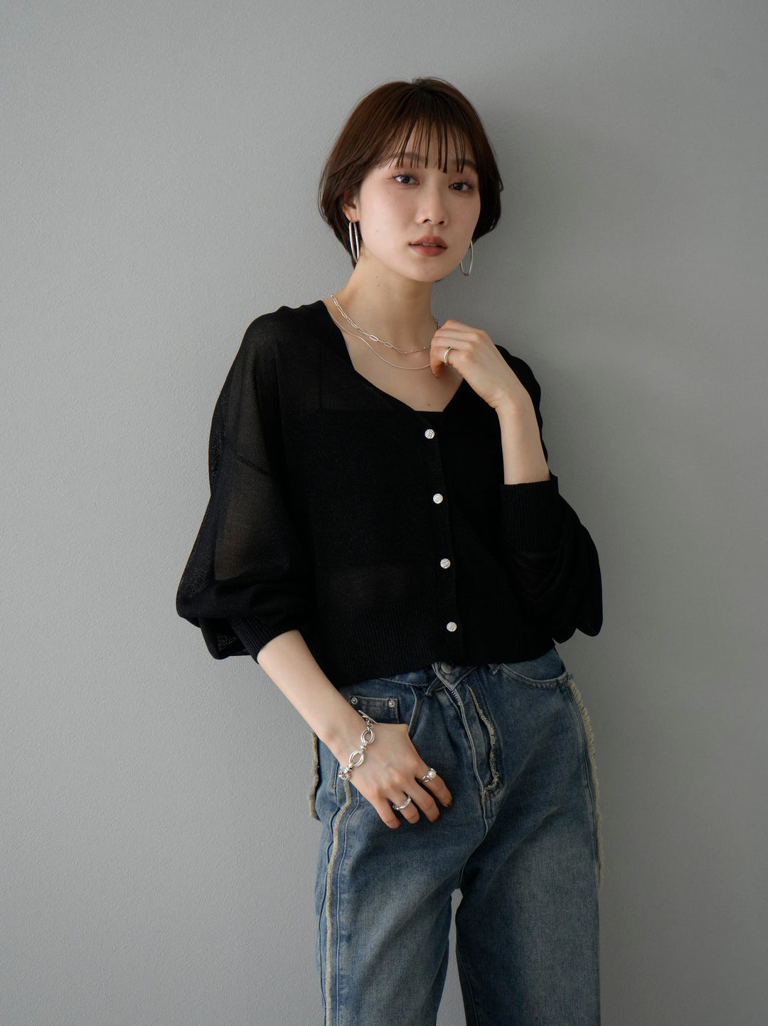 [SET] Lame sheer knit cardigan + choice of necklace set (2 sets)