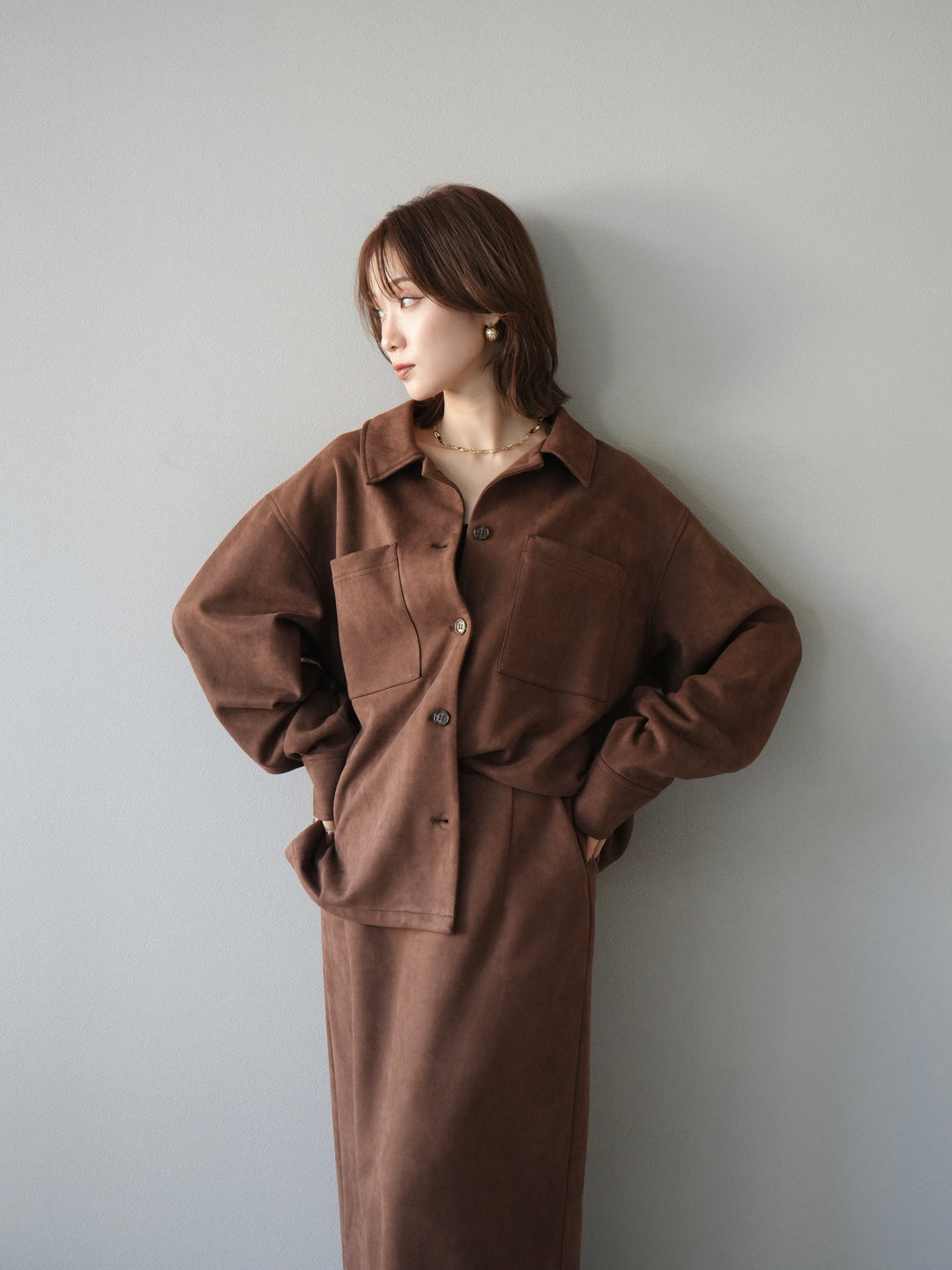 [SET]スエードシャツジャケット+スエードタイトスカート(2set)