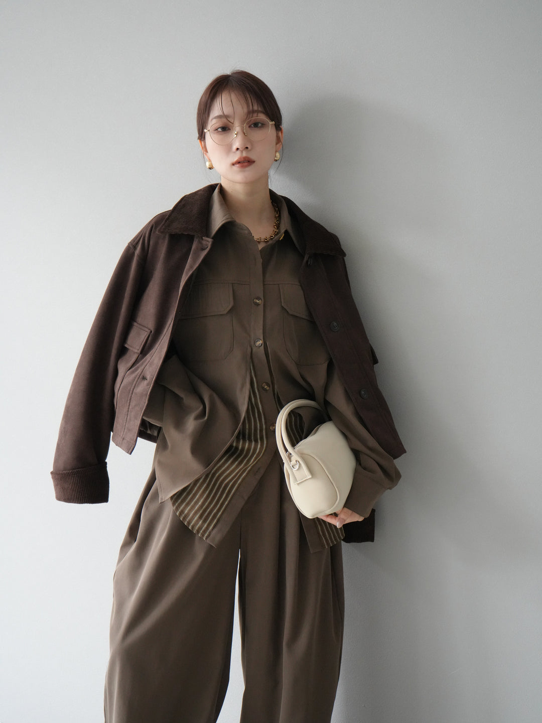 [予約]コーデュロイ切替スウェードショートジャケット/ブラウン