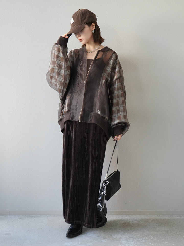 [SET]チェックチュールドッキングブルゾン+クラッシュベロアナロースカート(2set)