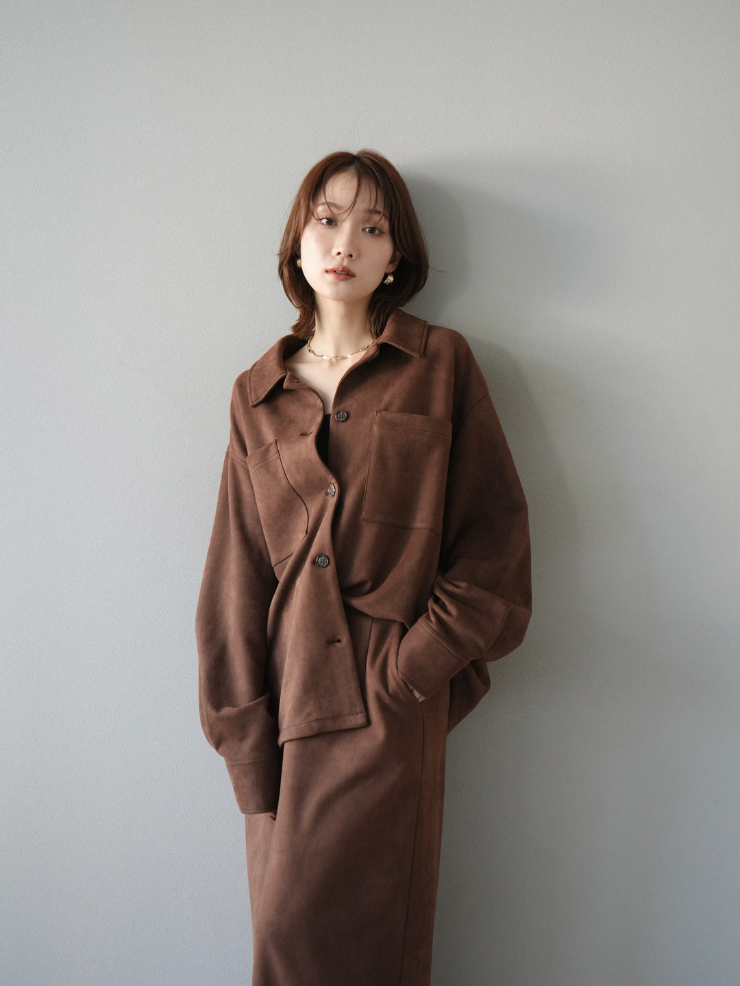 [SET]スエードシャツジャケット+スエードタイトスカート(2set)