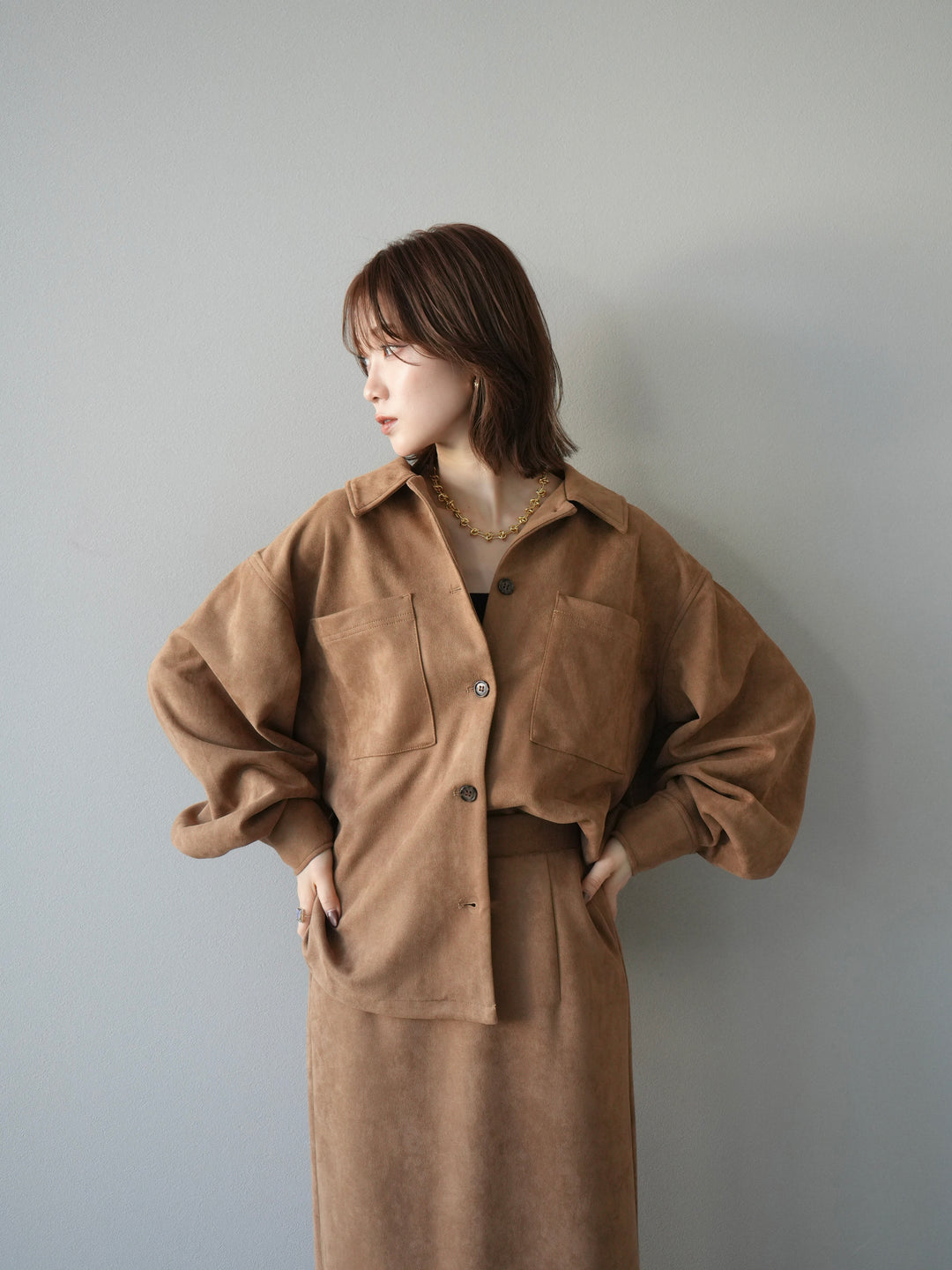 [SET]スエードシャツジャケット+スエードタイトスカート(2set)